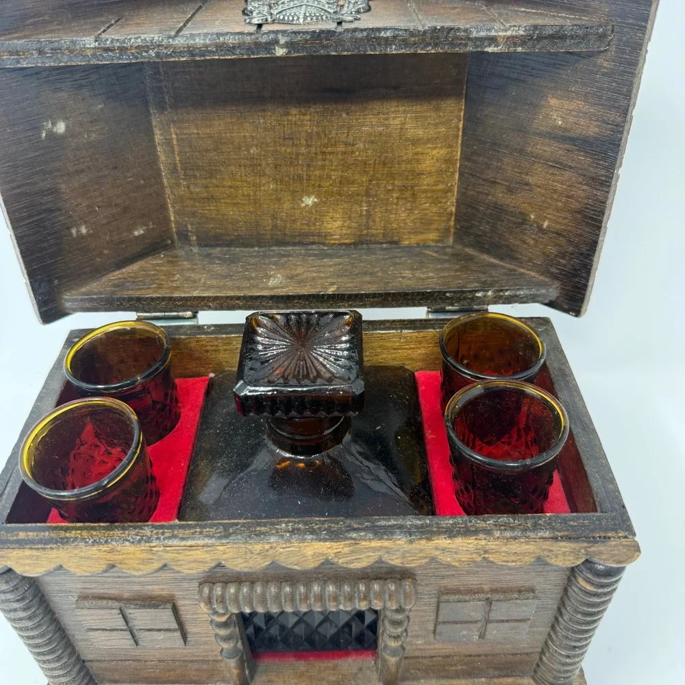 Vintage Wooden Swiss Chalet Decanter Set Amber Glass 4 Shot Glasses Log Cabin